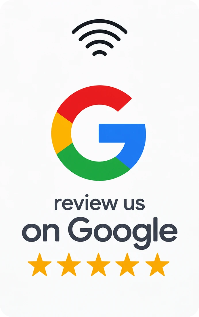 A white ReviewMore 'Review us on Google' NFC card with a tap symbol and five gold stars